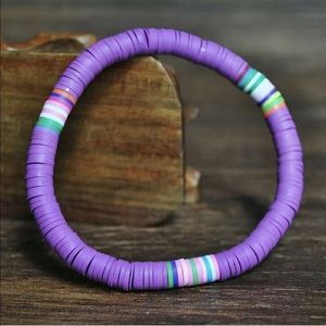 Purple Heishi Disc Polymer Clay Beaded Elastic Stretch Bracelet Boho Surfer Gift